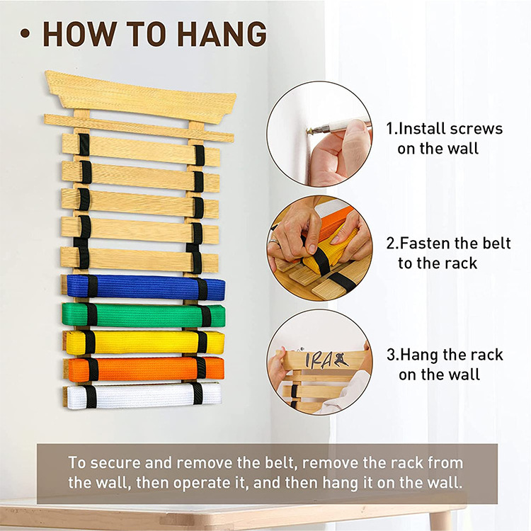 Wholesale Custom Wall Mounted Wooden Martial Arts Belts Karate Belt Holder Bamboo Karate Belt Display Rack