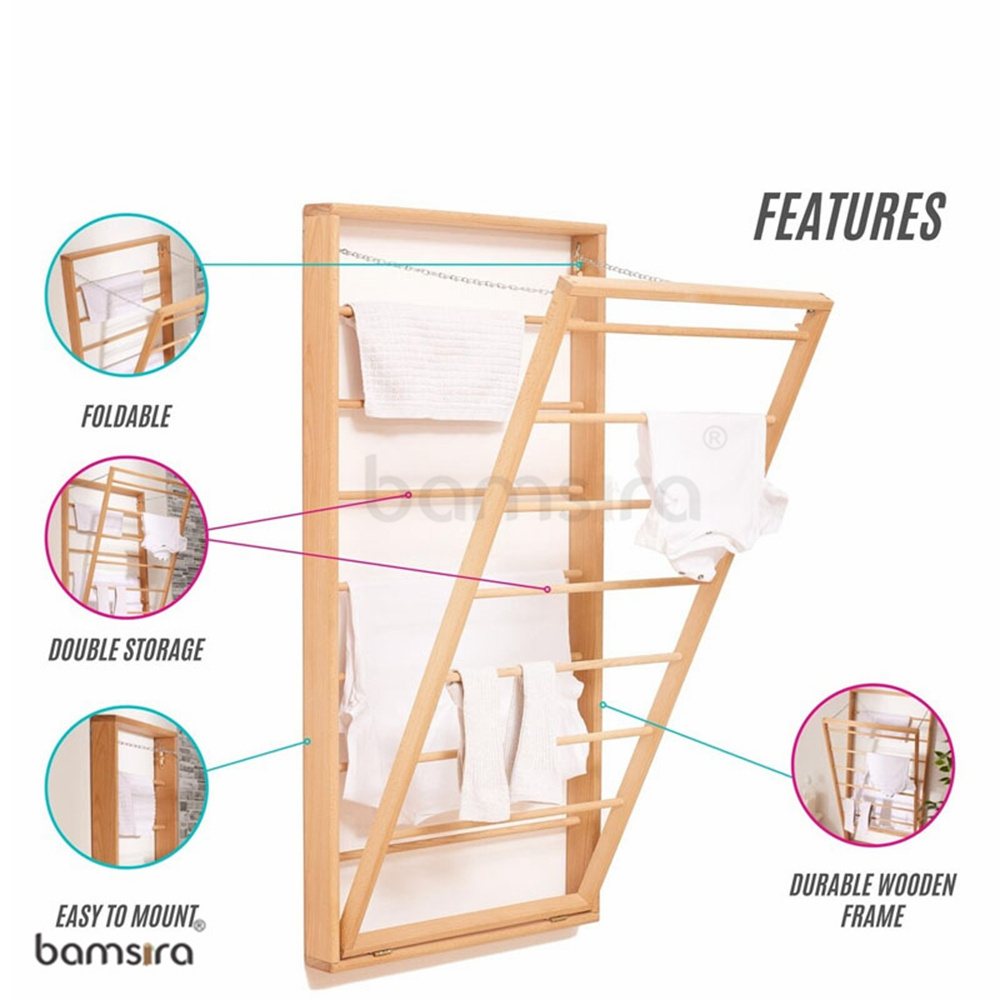 2023 New Arrivals Foldable Wooden Wall Mounted Drying Rack For Laundry Bathroom