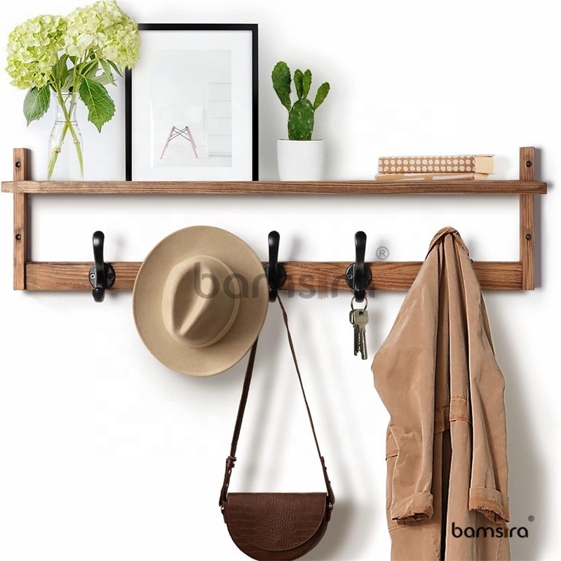 29'' Coat Rack Wall Mount with Shelf Wood Wall Hooks with Storage Entryway Shelf with 5 Hangers for Bathroom