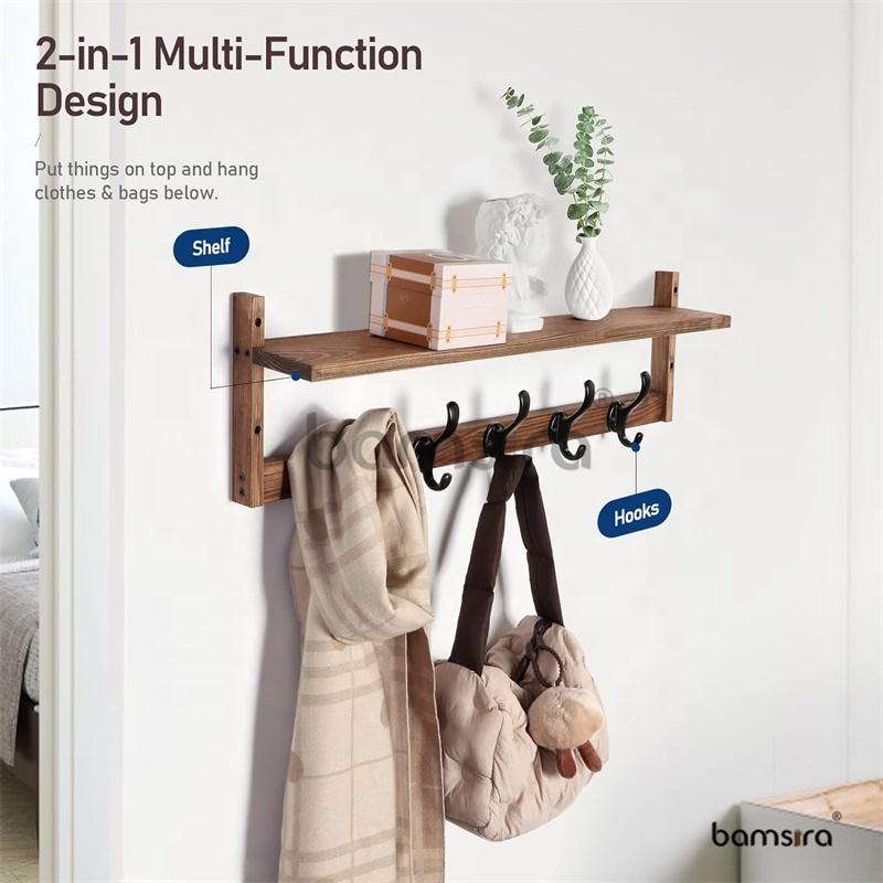 29'' Coat Rack Wall Mount with Shelf Wood Wall Hooks with Storage Entryway Shelf with 5 Hangers for Bathroom