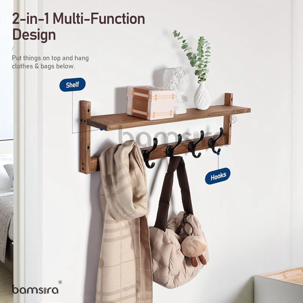 Wall Floating Shelf Wood Entryway Coat Hanger with 5 Hooks for Jacket Coat Hat in Mudroom