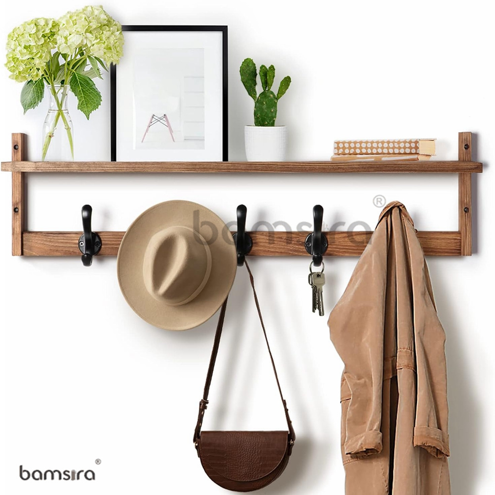 Wall Floating Shelf Wood Entryway Coat Hanger with 5 Hooks for Jacket Coat Hat in Mudroom