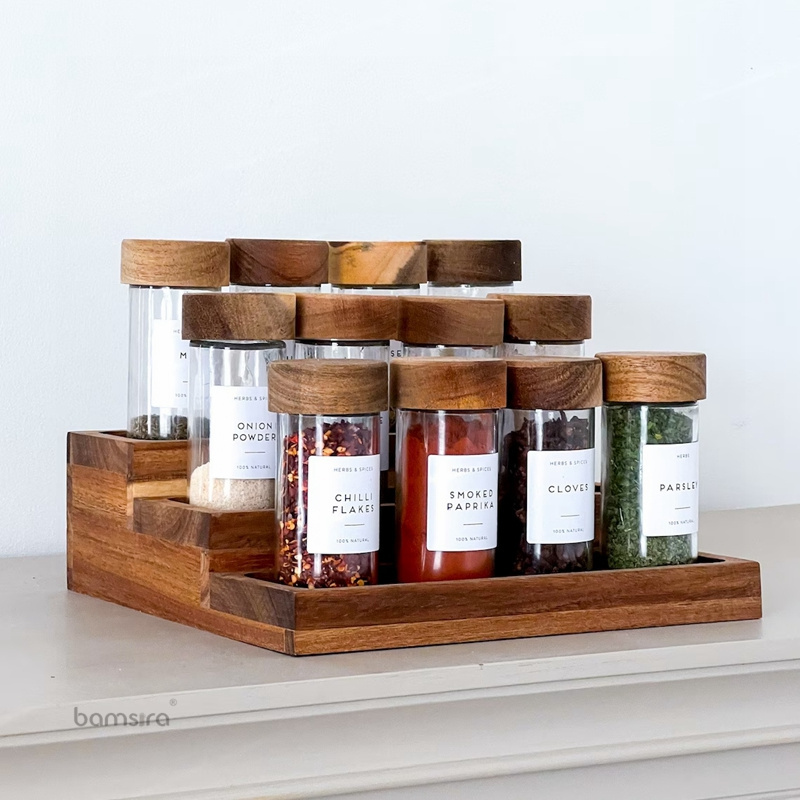 Acacia Wooden Spice Rack Kitchen Cabinet Organizer 3 Tier Kitchen Display Shelf Seasoning Organizer