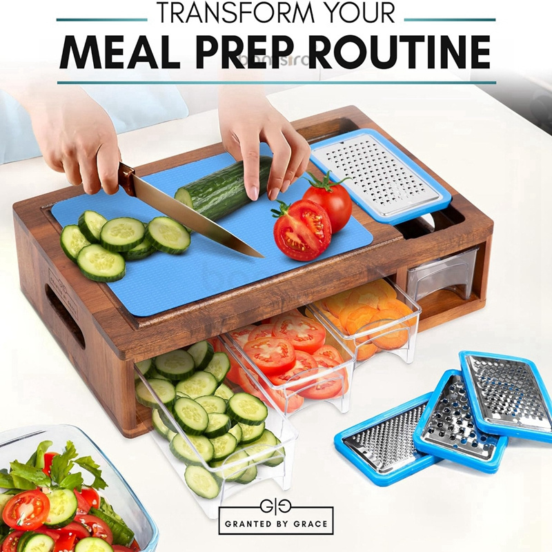 Built-in GRATER Easy To Clean Food Prep Station AcacIA wOOD Cutting Board With Containers