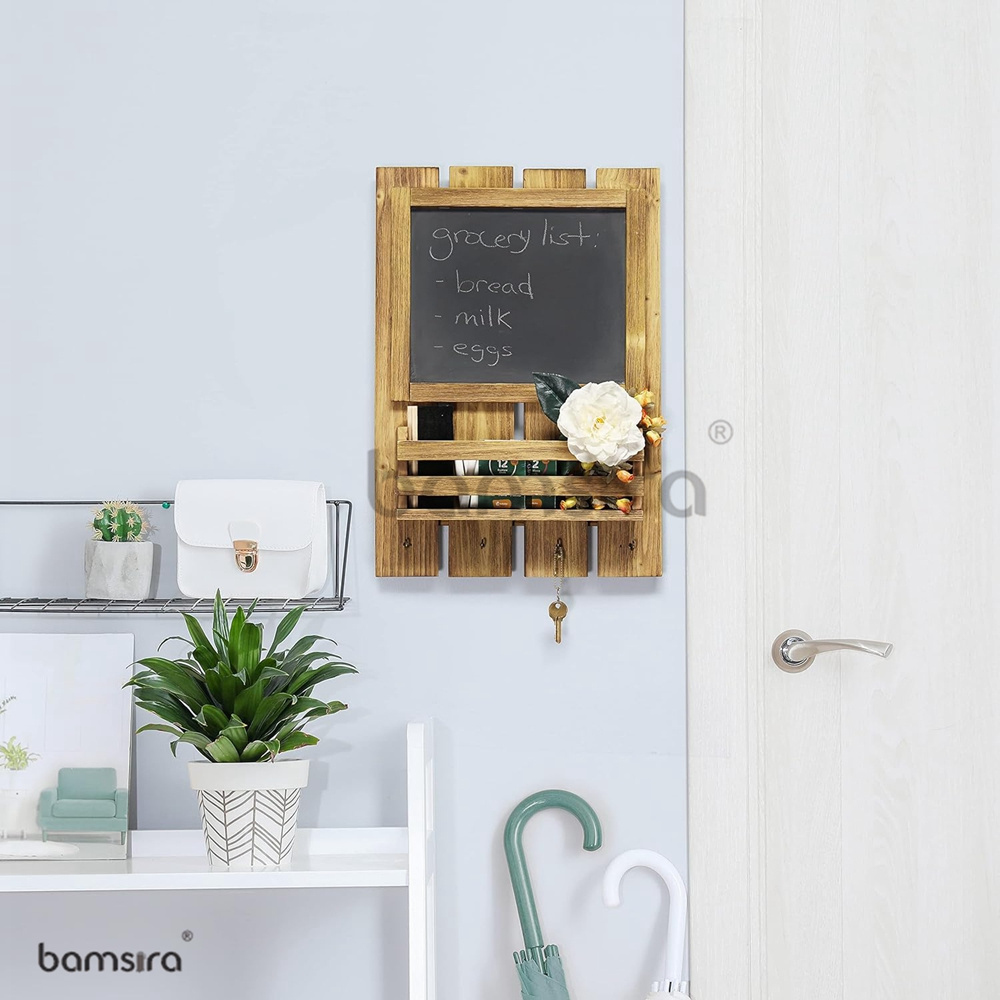 ODM/OEM Natural Wooden Wall Mounted Chalkboard Sign with Key Holder Hooks and Mail Storage