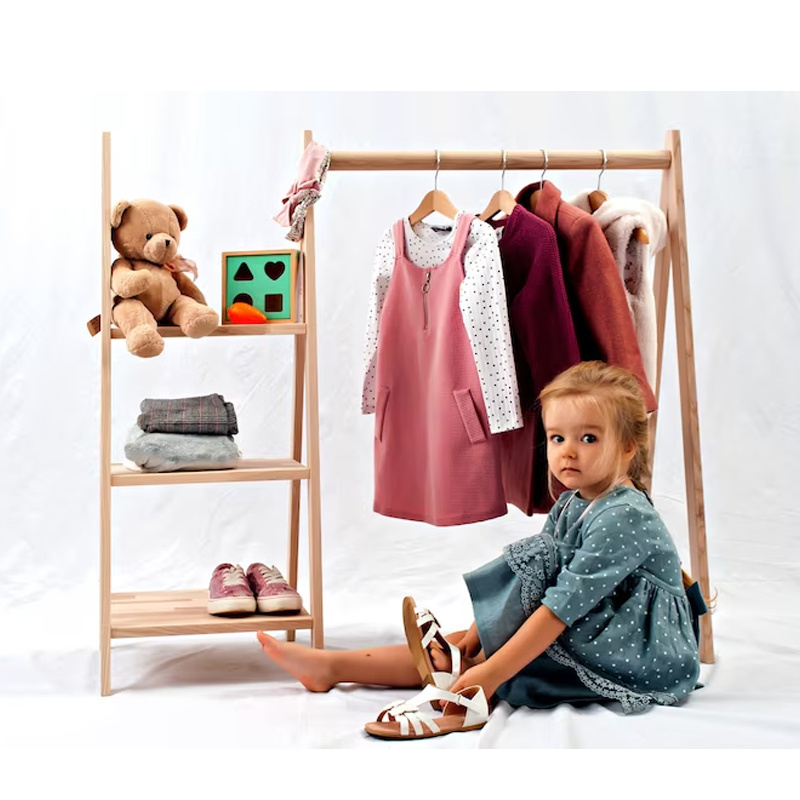 3-Tier Rubber Wood Extra Large Garment Kids Clothes Rack For Entryway and Bed Room