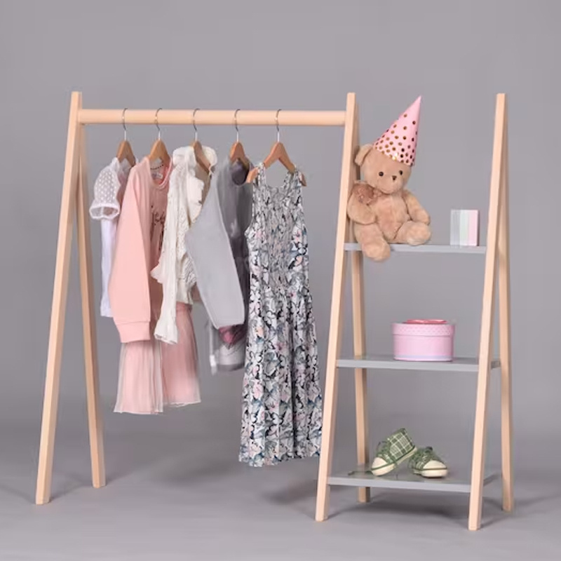 3-Tier Rubber Wood Extra Large Garment Kids Clothes Rack For Entryway and Bed Room