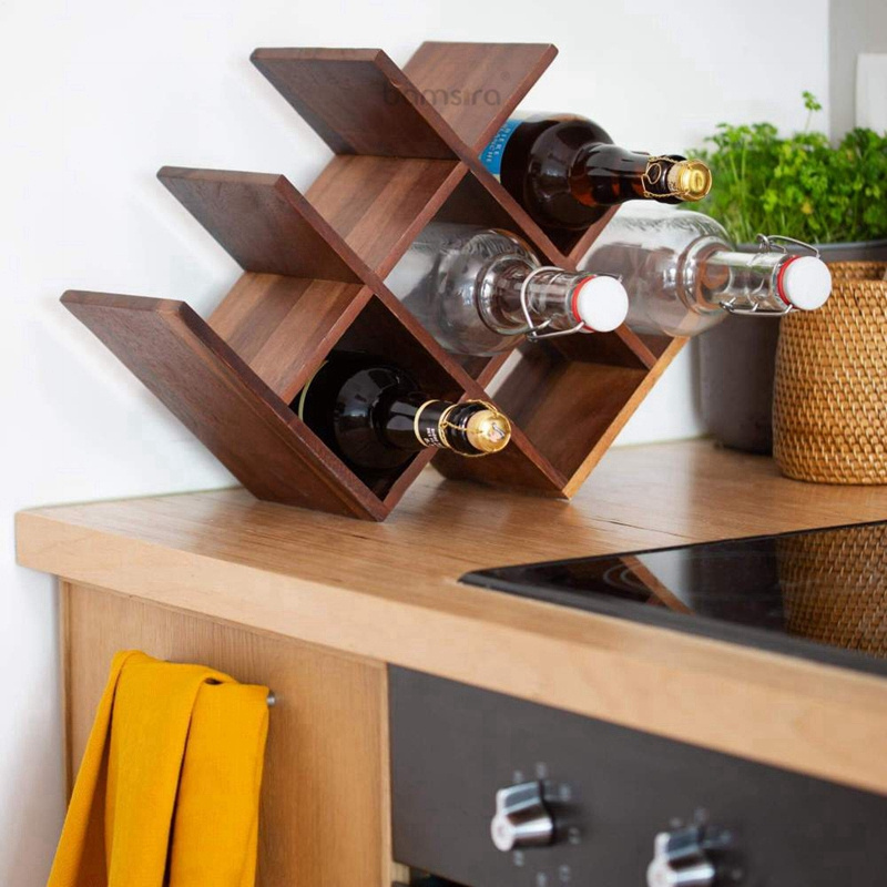 Solid Wood 4-Bottle Countertop Wine Storage Rack, Wine Bottle Tabletop Display Holder