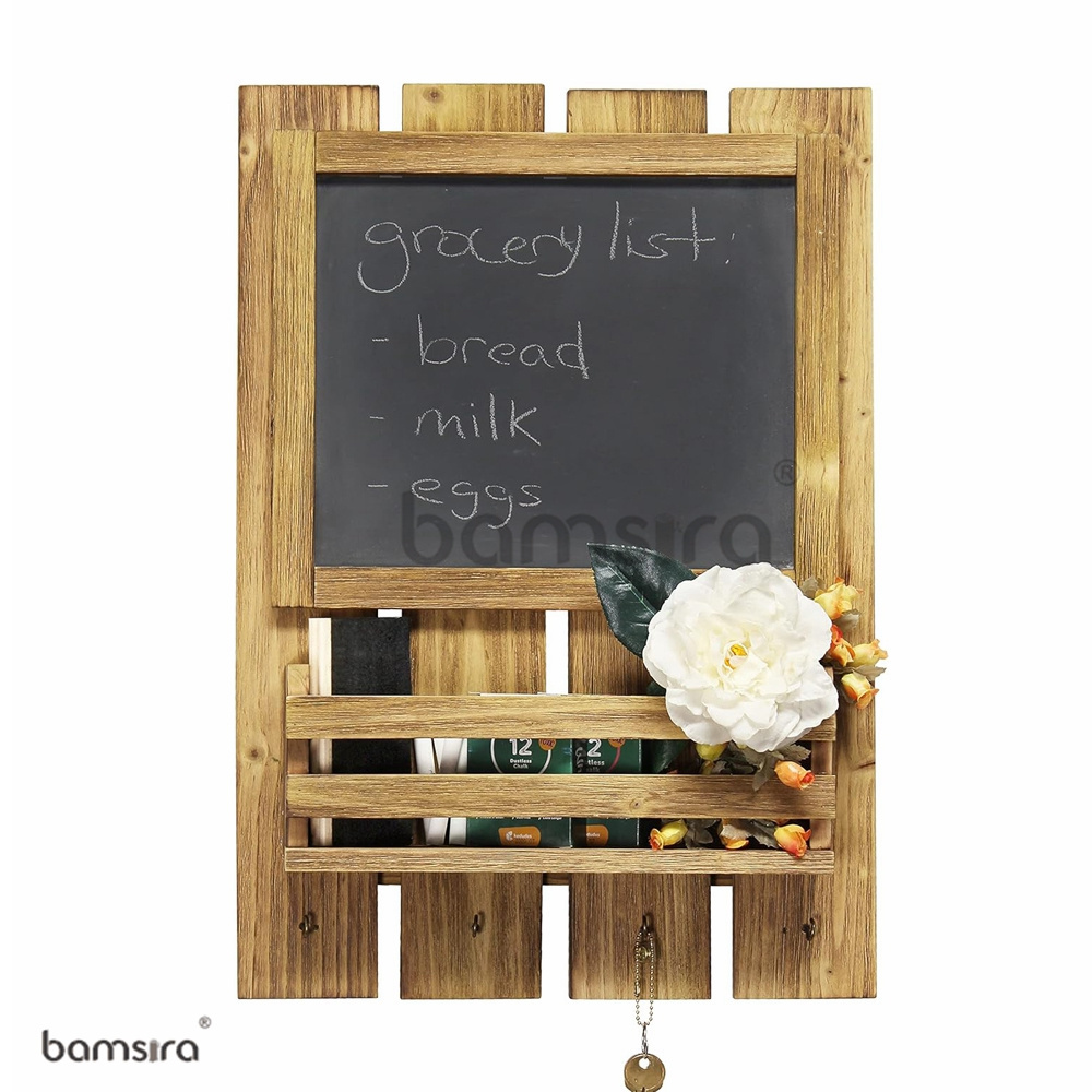 ODM/OEM Natural Wooden Wall Mounted Chalkboard Sign with Key Holder Hooks and Mail Storage