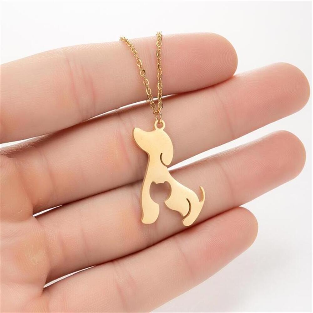 Simple Ladies Pet Jewelry Stainless Steel 18K Gold Plated Heart Shape Puppy Pendant Necklace