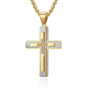 Luxurious gold high quality religious pendant layered gold plated three layer combination stainless steel cross pendant necklace