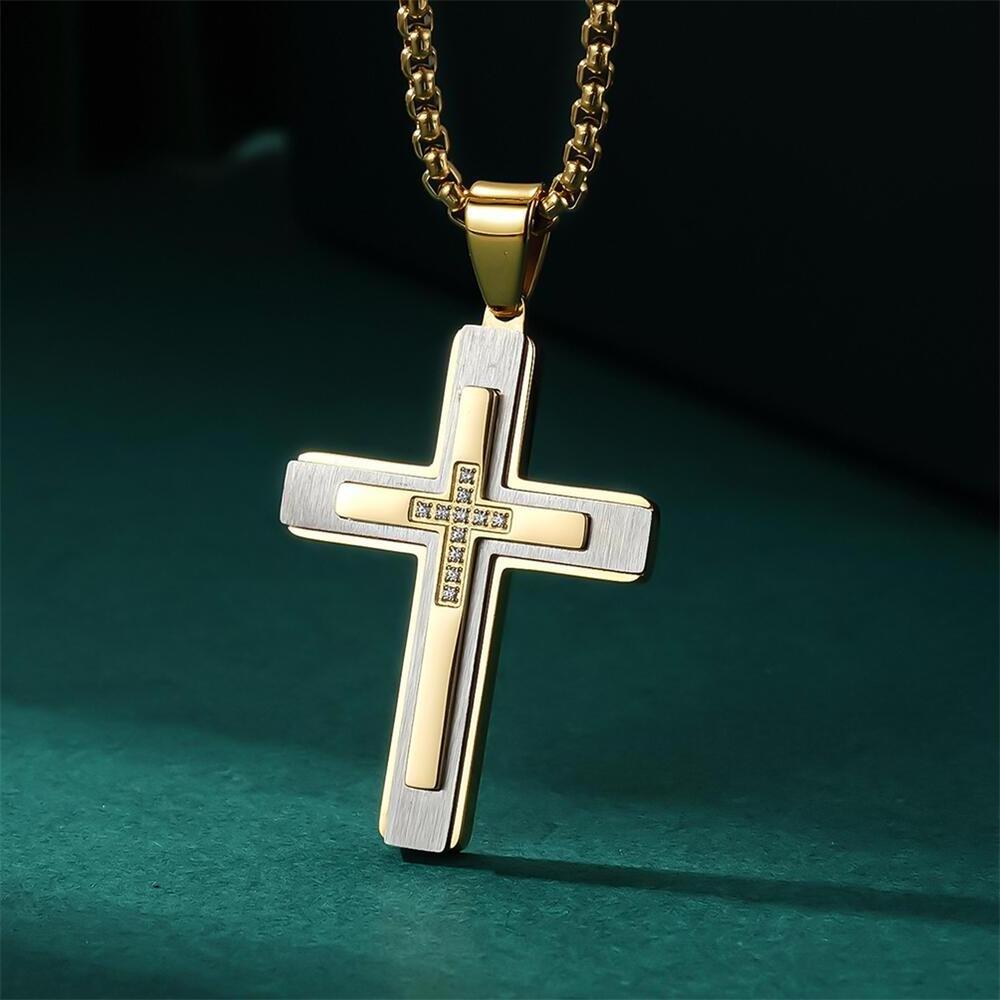 Luxurious gold high quality religious pendant layered gold plated three layer combination stainless steel cross pendant necklace