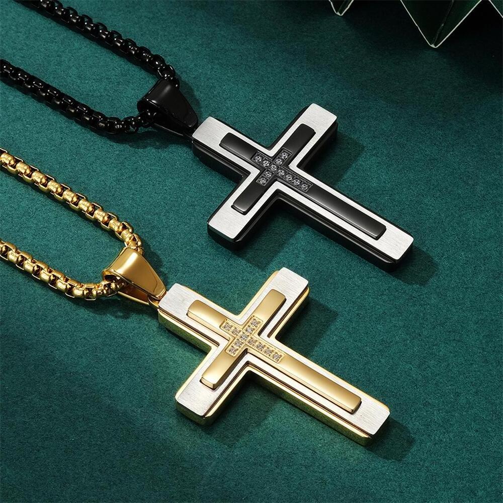 Luxurious gold high quality religious pendant layered gold plated three layer combination stainless steel cross pendant necklace