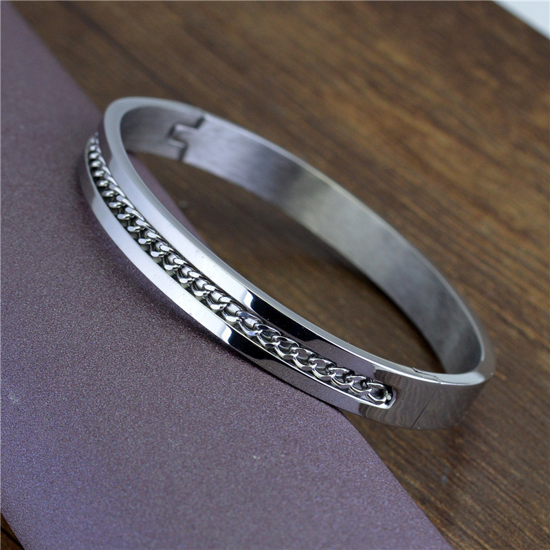 Creative Inlaid Cuban Chain Style Fashion Stainless Steel Geometric Oval Bracelet bangles