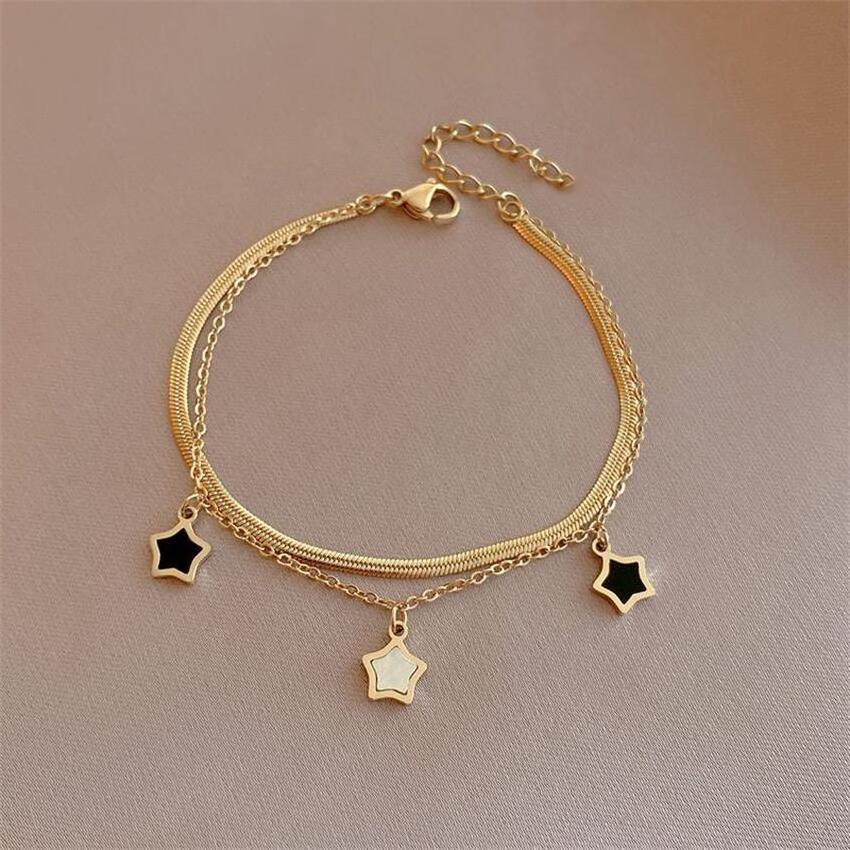 Simple personality 14K gold plated pentagram ladies stainless steel necklace bracelet set