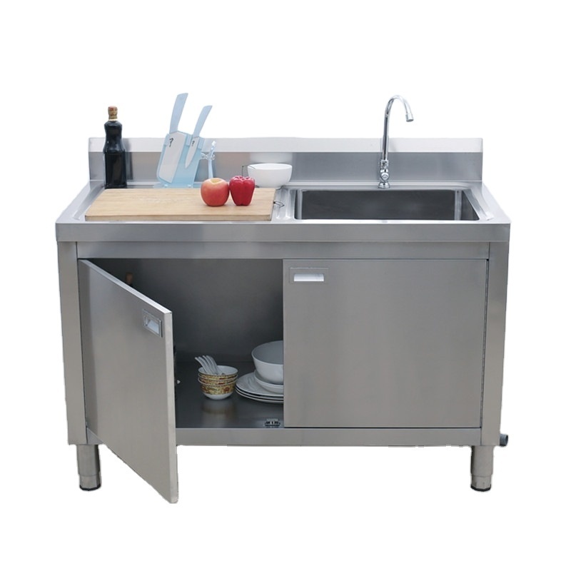 Industrial 201 Stainless Steel commercial Laundry Brushed Kitchen Hand Wash Basin Outdoor Utensil Sink cabinet With 1 Cabinet