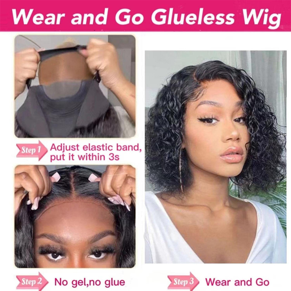 Natural Glueless Wigs Curly Mongolian Human Hair Wigs Water Wave 4X4 Swiss HD Lace Closure Dome Cap Pre-Cut Wear & Go Wigs