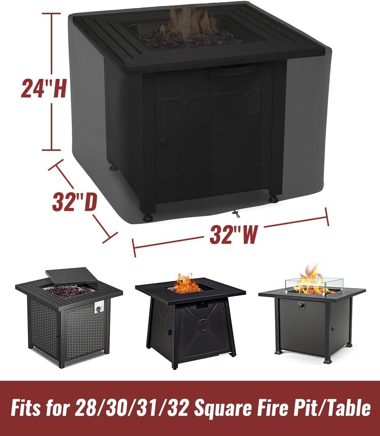 Waterproof Heavy Duty Windproof Black Square Gas Fireplace Fire Pit Table Cover Patio Fire Pit Table Cover