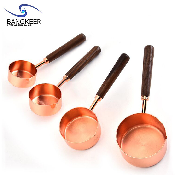 Factory Wholesale High Quality Wood Handle Stainless Steel Rose Gold Measuring Tools Cups