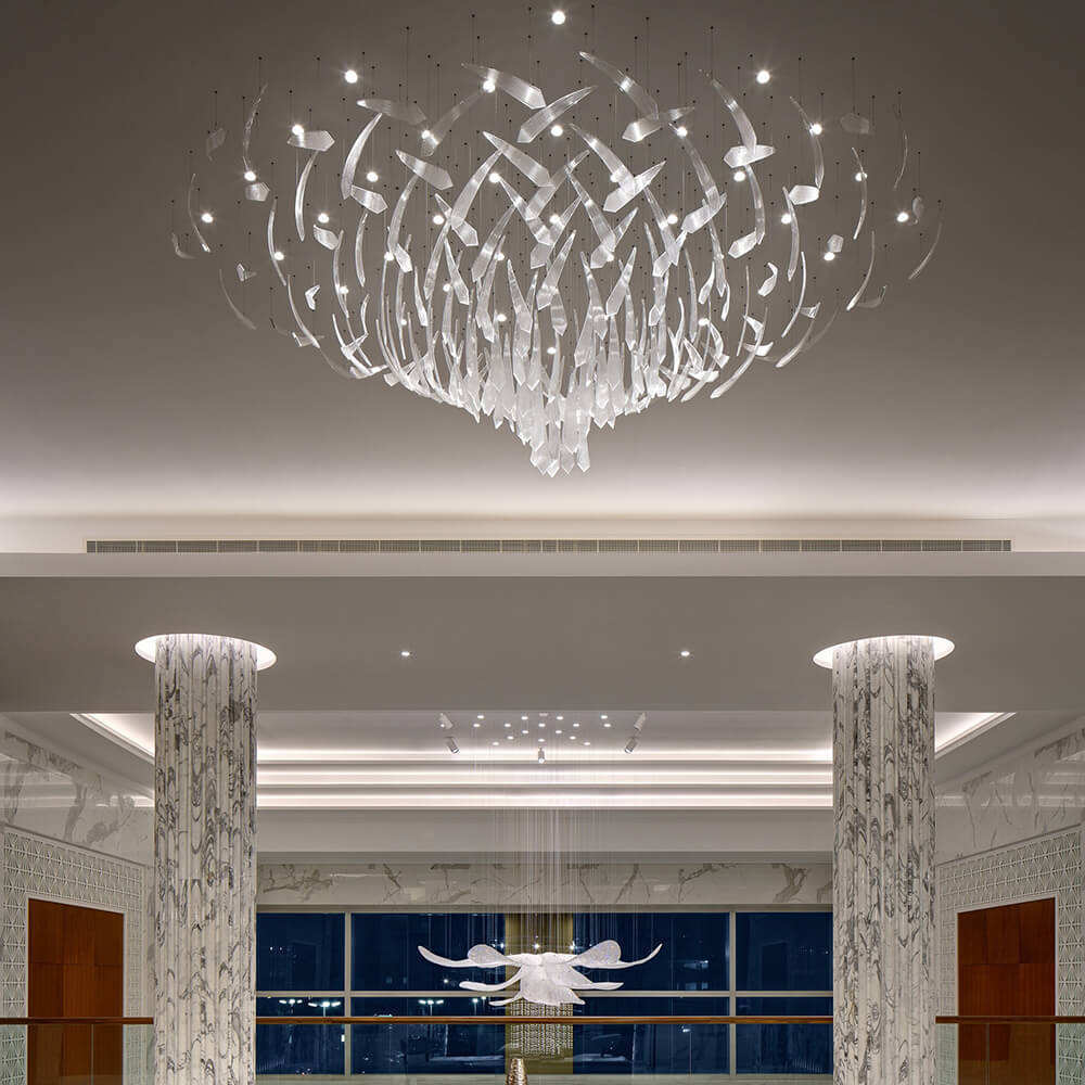 Contemporary Living Room Hotel Lobby Luxury Art Deco Glass Crystal Led Ceiling Chandelier Pendant Lighting