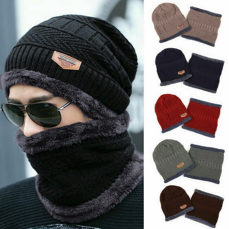 High Quality Winter Beanie Hat Scarf Set Warm Knit Hat Thick Fleece Lined Winter Cap Neck Warmer for Men Women