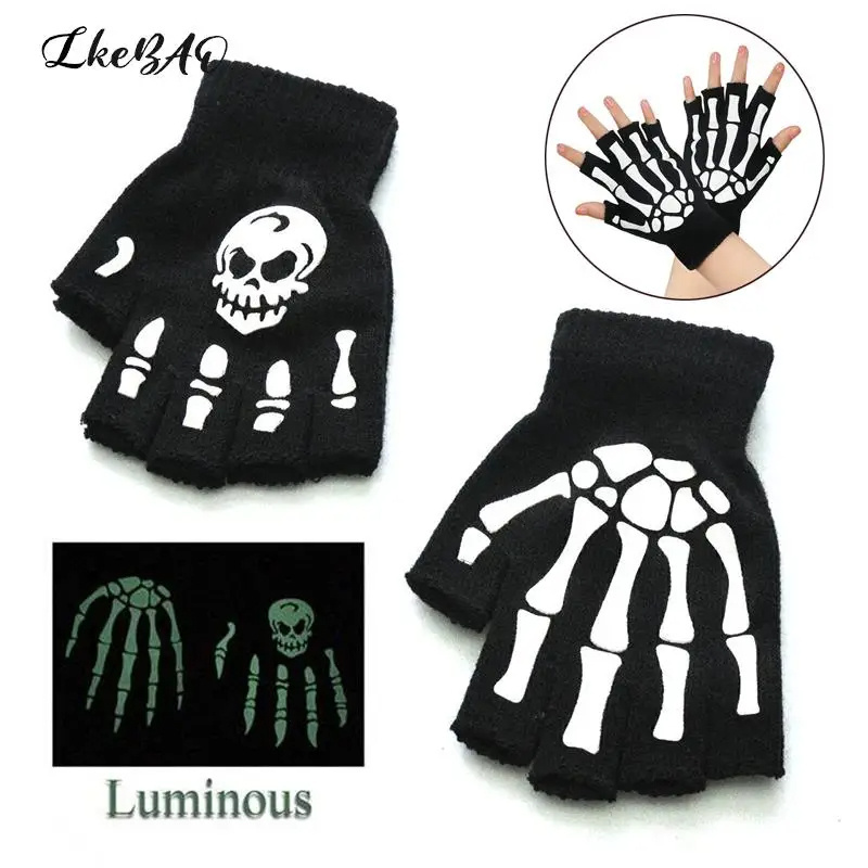 Novelty Unisex Mittens Horror Skull Bone Skeleton Paw Half Gloves Winter Fashion Warmer Halloween Dress Luminous Gloves