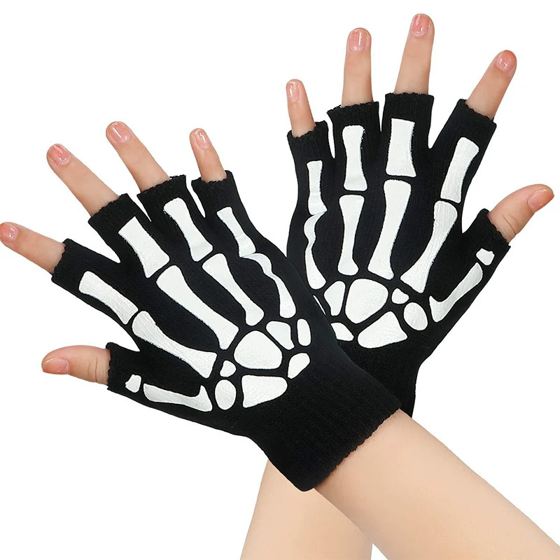 Novelty Unisex Mittens Horror Skull Bone Skeleton Paw Half Gloves Winter Fashion Warmer Halloween Dress Luminous Gloves