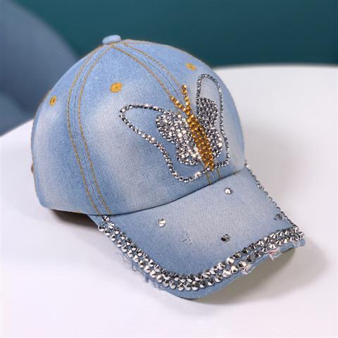 Women Distressed Denim Baseball Cap Rhinestone Jeans Bejeweled Crown Sparkle Bling Hat