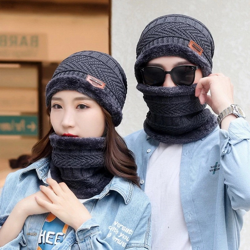 High Quality Winter Beanie Hat Scarf Set Warm Knit Hat Thick Fleece Lined Winter Cap Neck Warmer for Men Women