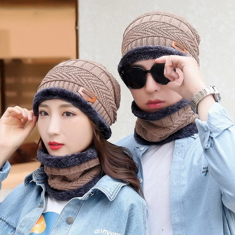 High Quality Winter Beanie Hat Scarf Set Warm Knit Hat Thick Fleece Lined Winter Cap Neck Warmer for Men Women