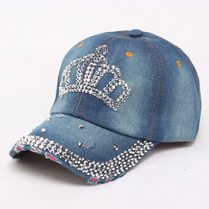 Women Distressed Denim Baseball Cap Rhinestone Jeans Bejeweled Crown Sparkle Bling Hat