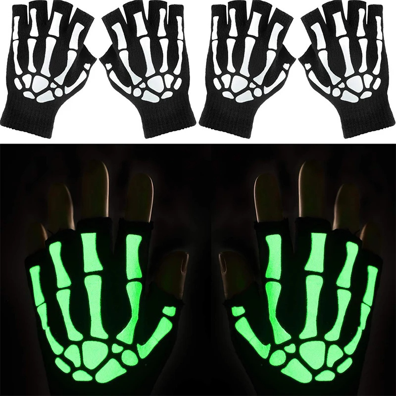 Novelty Unisex Mittens Horror Skull Bone Skeleton Paw Half Gloves Winter Fashion Warmer Halloween Dress Luminous Gloves