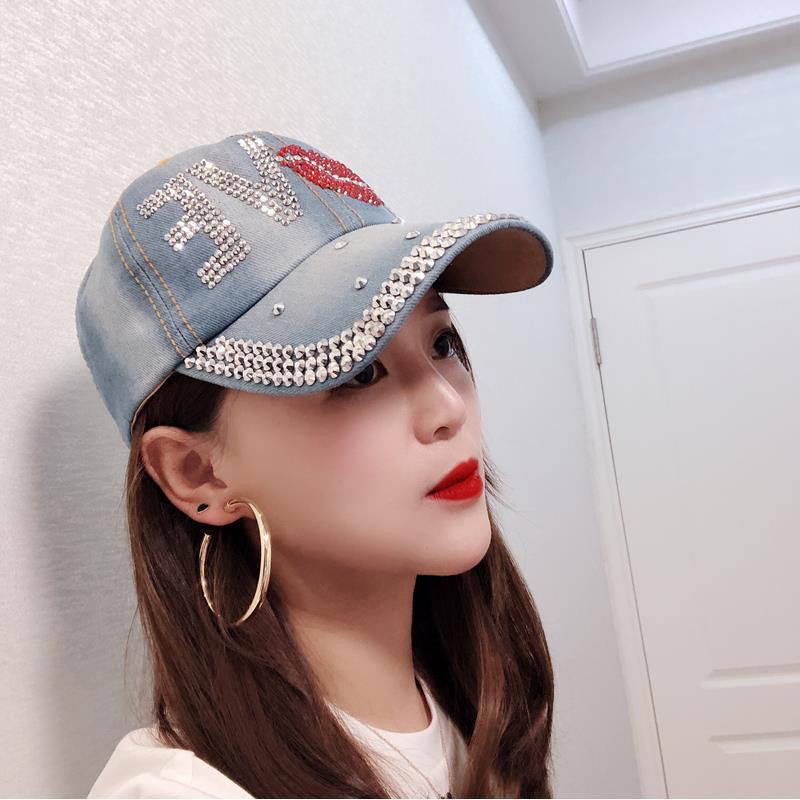 Women Distressed Denim Baseball Cap Rhinestone Jeans Bejeweled Crown Sparkle Bling Hat