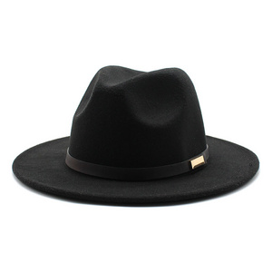 Vintage Flat Brim Felt Fedora Cap Jazz Panama winter Cap Classic Fedora Hats With Black Leather Belt