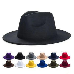 7CM Wide Brim Solid Fedora Panama Hats Wide Flat Brim Trilby Wool Felt Hat