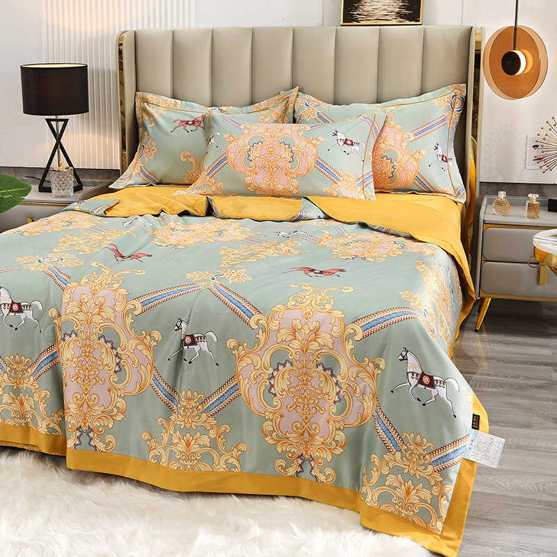 Amazon Hot Best Sell All Season Chinese Beautiful Cool Yellow Floral Printing Silk Summer Quilt