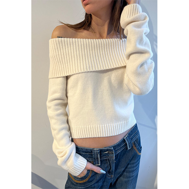 Kai Qi  Green New Crochet Sexy Crop Knitted Women Sweater Long Sleeve Fashion Large Size Off Shoulder Design Sweater