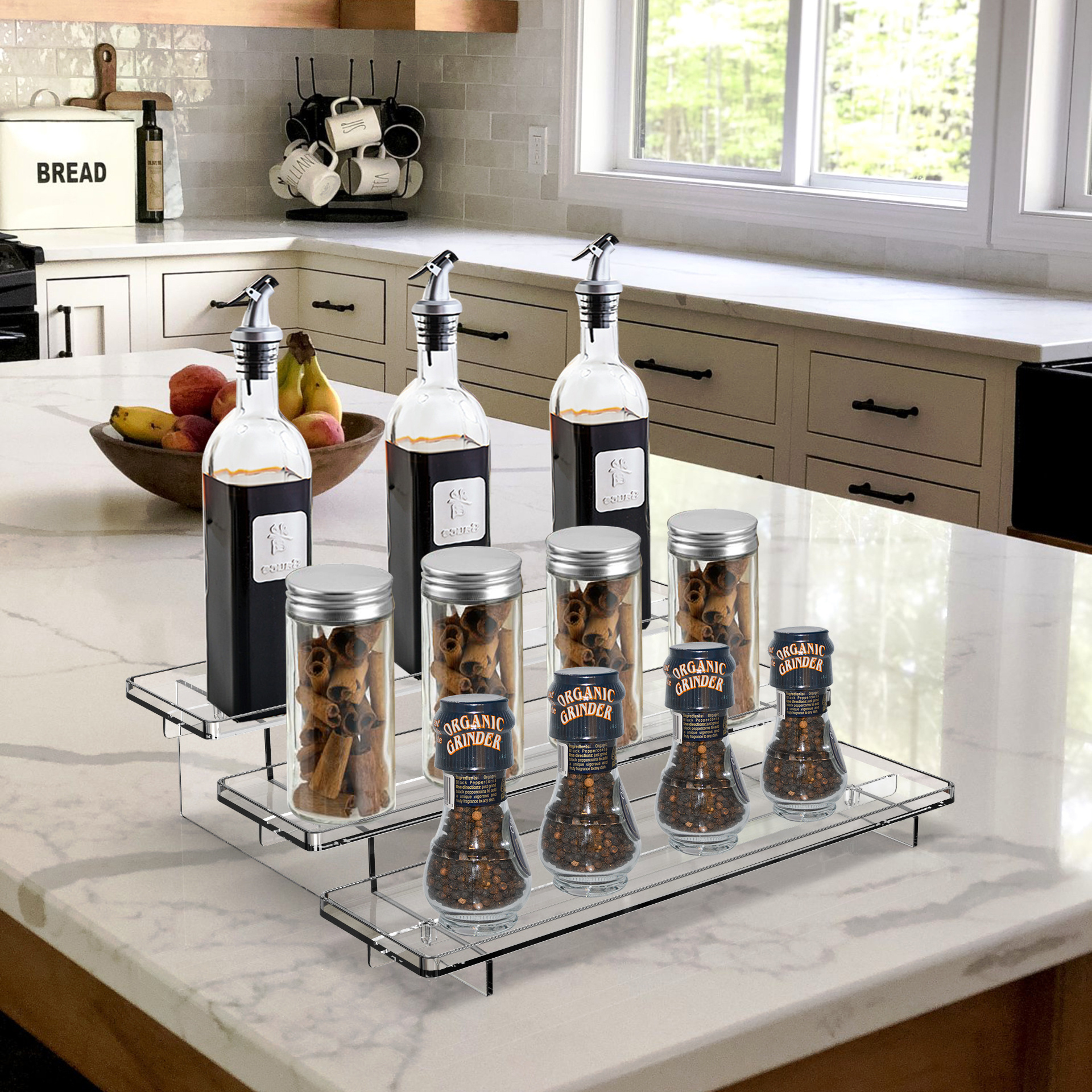 Plastic Clear Spice Rack Three Tiered Shelf ,PET Cabinet Storage and Spice Organizer for Kitchen