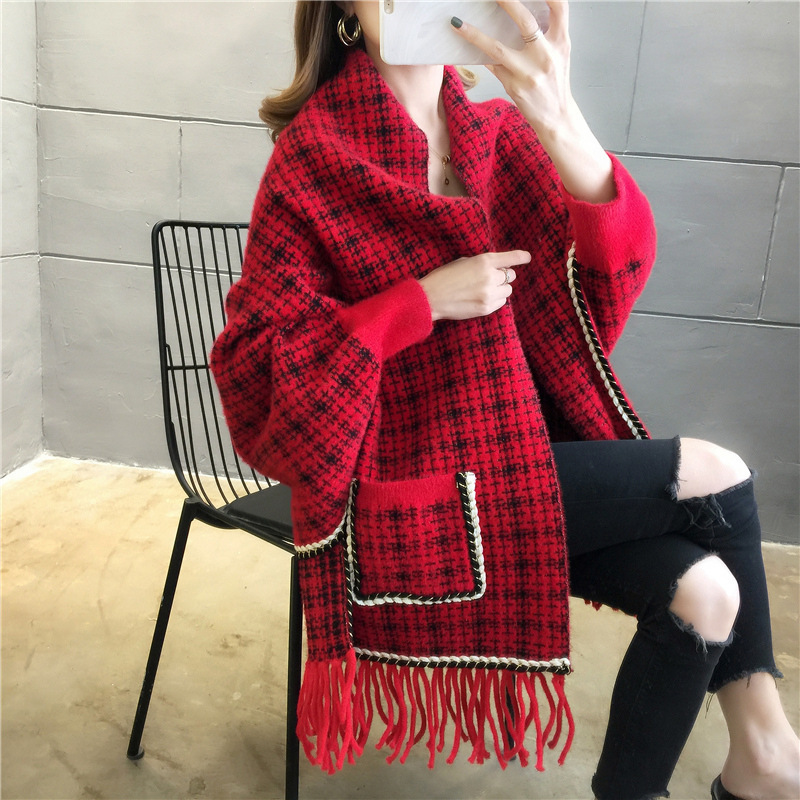 2021 New High Quality Fashion Cape With Sleeves Autumn Winter Shawl Thickened Warm Scarf  Women