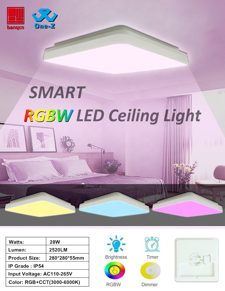 Banqcn 28w Smart Rgbw LED Flat Panel Lights Wifi ble app control Google Alexa voice control smart ceiling square light