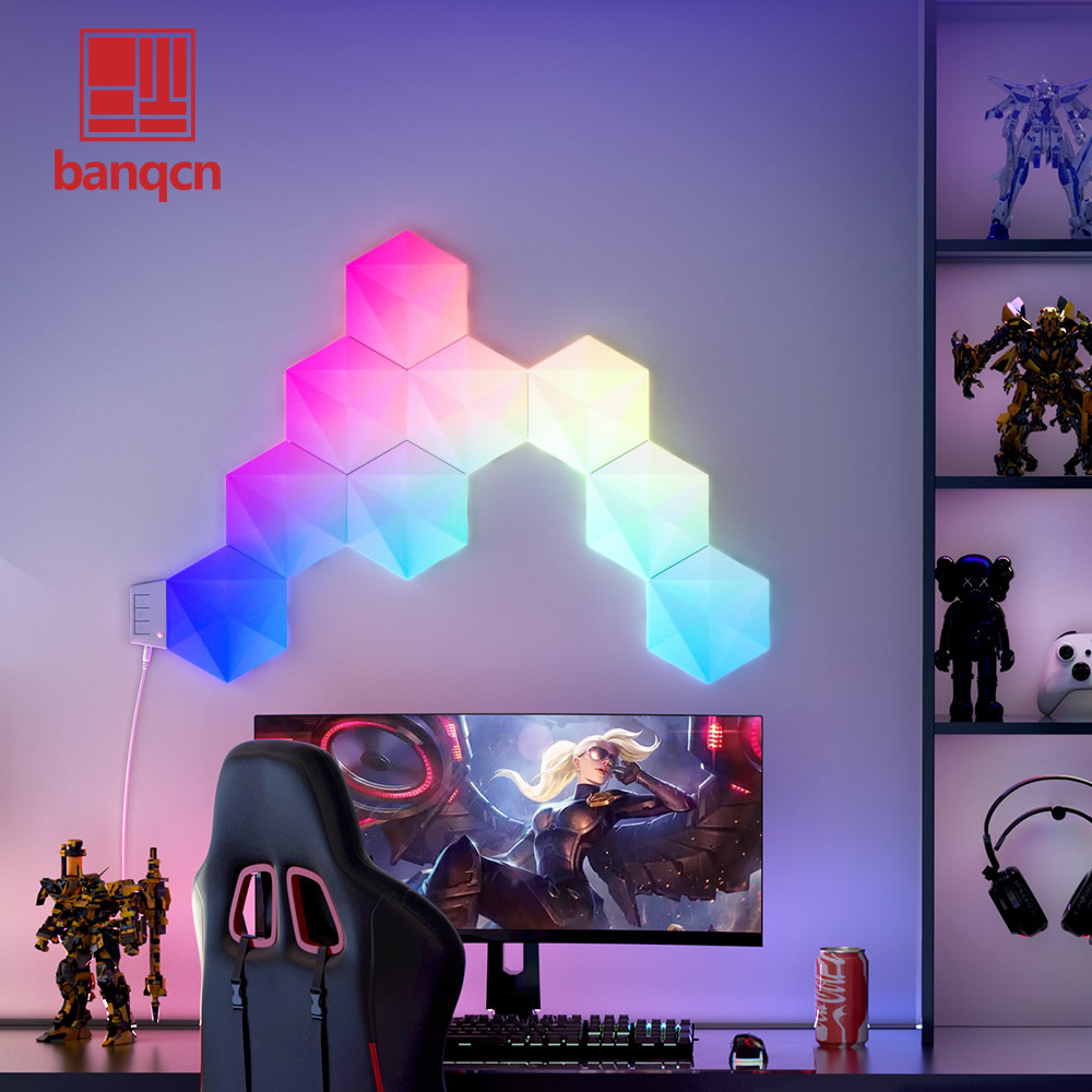 Banqcn Hexagon Led Wall Panels RGB Gaming Lights with APP Smart Modular Panel Hex Tiles Push Glide Expansion Shapes Lights