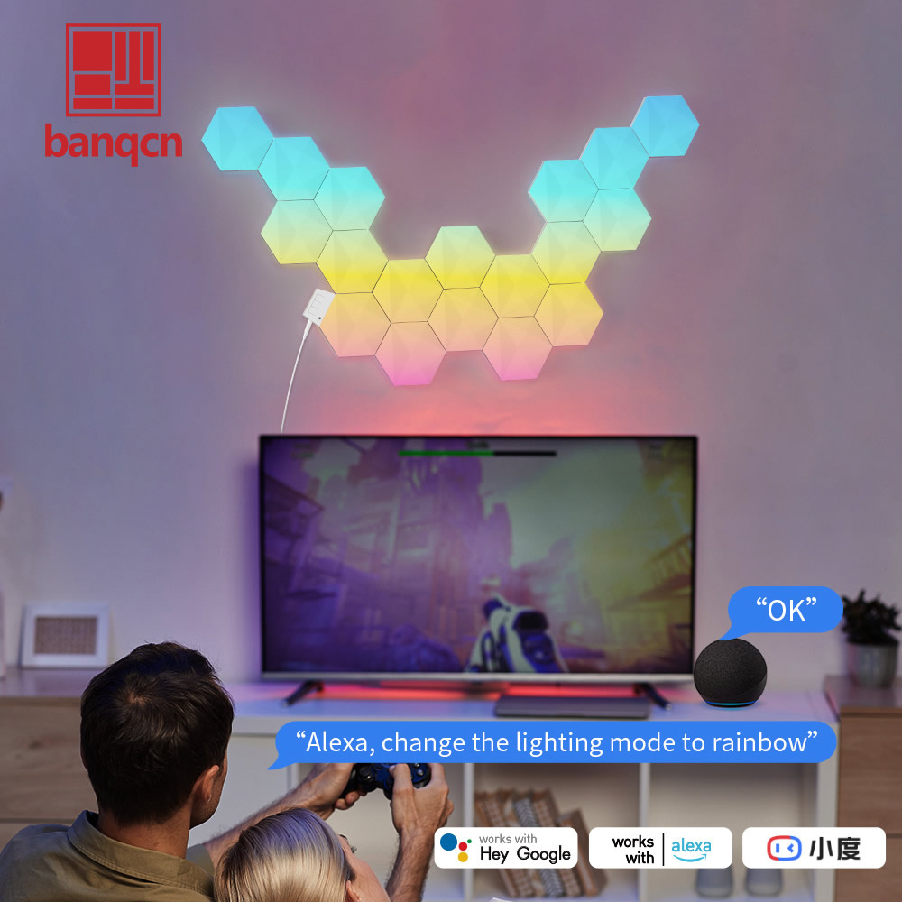 Banqcn Large Hexagon LED for Bedroom Smart Home Wall Lights RGBIC Gaming Room Decor Work with Alexa Google Assistant Voice/App