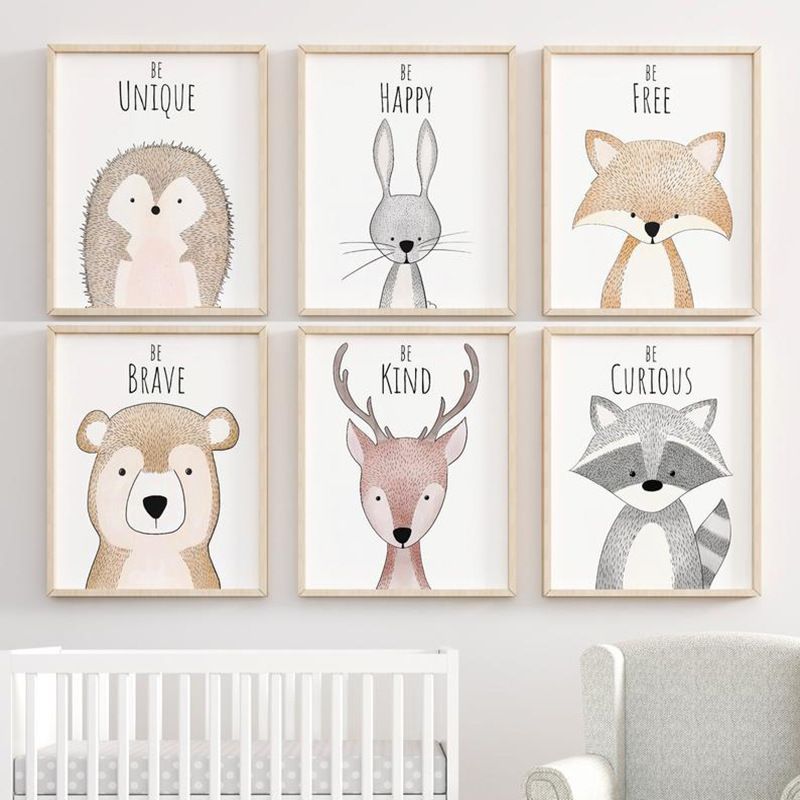 Modern baby children's room decoration painting canvas art cartoon forest animal oil painting