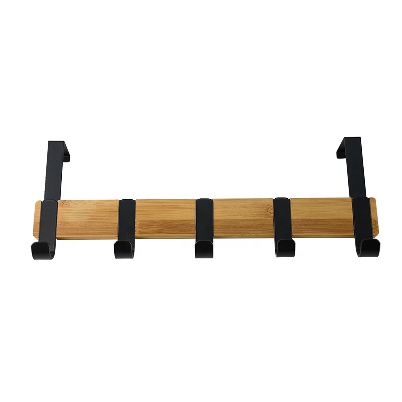 Factory Price Bamboo Wood & Stainless Steel Over The Door Hook Hanger Wall Mount Over The Door Towel Rack with 5 Hooks 6 Hooks