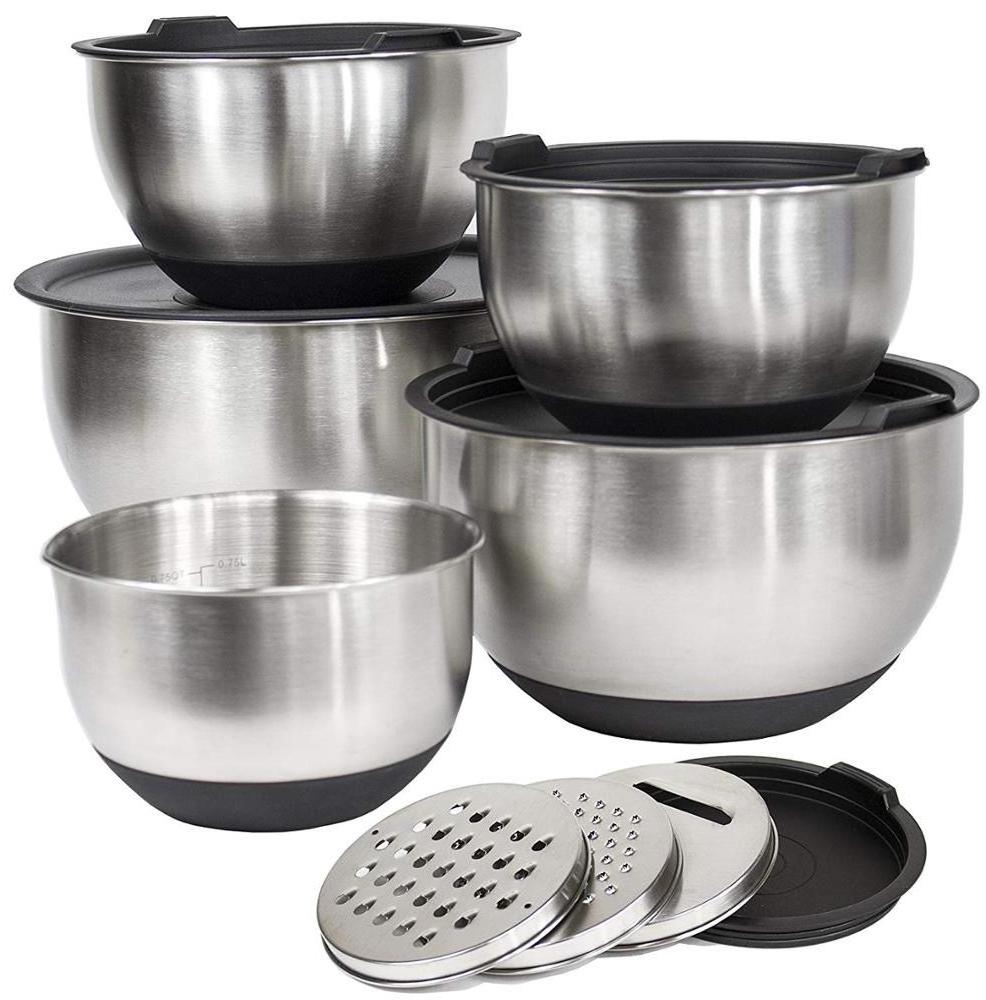 High Quality 304 Stainless Steel Noslip Stainless Steel Mixing Bowl Mixing Bowl Set with Pour Spot and Lid