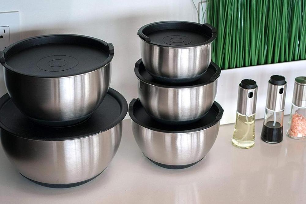 High Quality 304 Stainless Steel Noslip Stainless Steel Mixing Bowl Mixing Bowl Set with Pour Spot and Lid