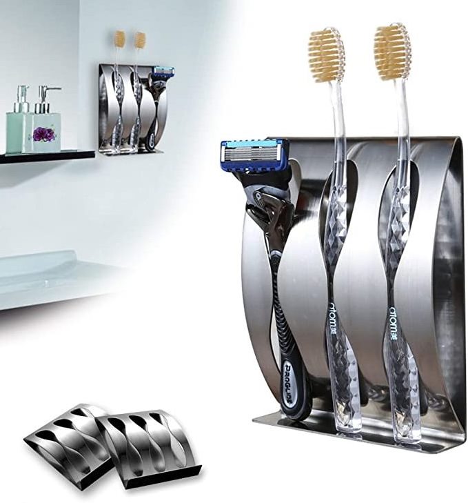 Bathroom Wall Mounted Razor Holder Storage Self-Adhesive Toothbrush Stand Stainless Steel Toothbrush Holder for Shower Organizer