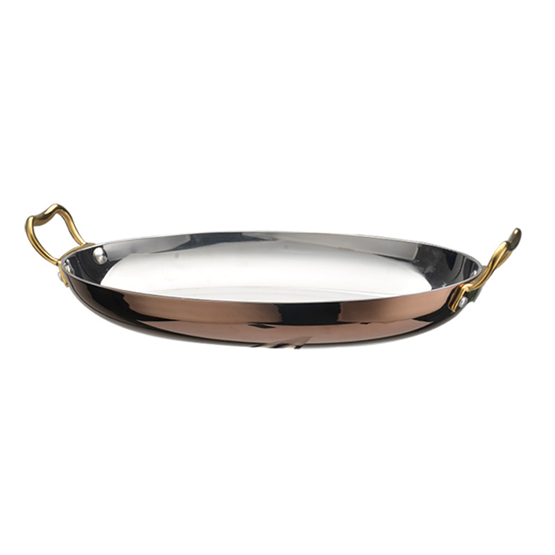 Wholesale Kitchen Tri-Ply Egg-Shaped Polishing Seafood Rose Gold Korean Stainless Steel Paella Pan With Handle