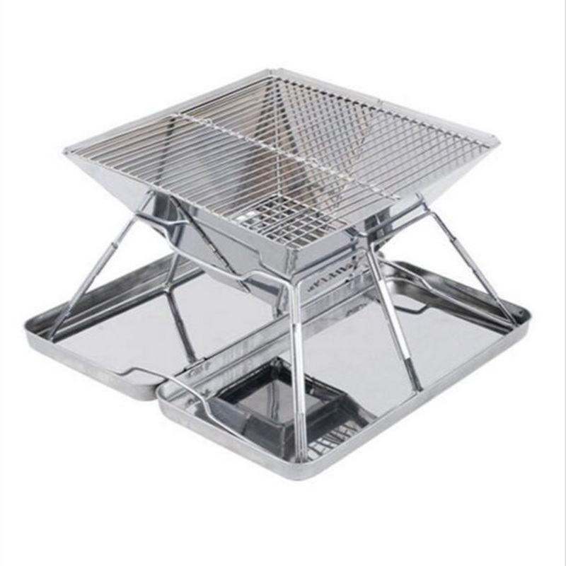 Outdoor Portable Traveling Cooking Tools Stainless Steel Foldable Charcoal BBQ Grill With Tray Pan