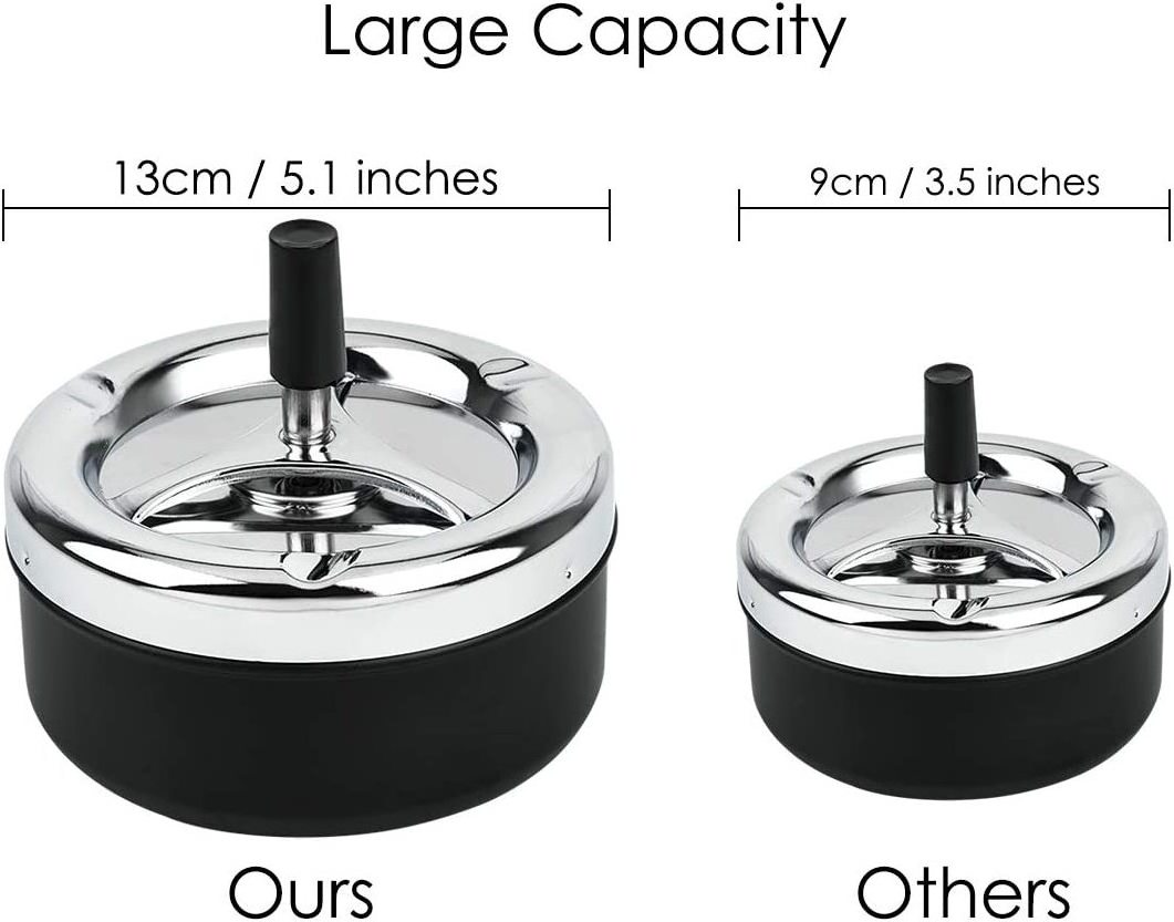 Smoke Accessories Round Push Down Ashtray with Spinning Tray Windproof Metal Cigarette Ash Tray Large Stainless Steel Ashtray